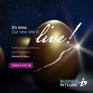 Eagle egg cracking open. Text: 'It's time. Our new site is live!' - Business Integra logo
