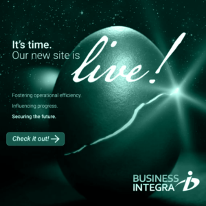 Monotone image: Eagle egg cracking open. Text: 'It's time. Our new site is live!' - Business Integra logo